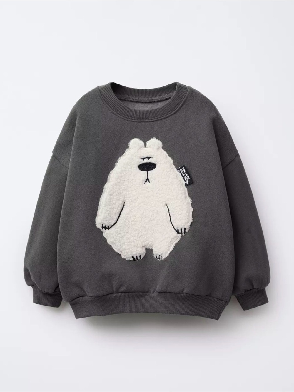 Zara Charcoal Grey Bear Appliqué Cotton Pullover Fleece Sweatshirt Kids 3T